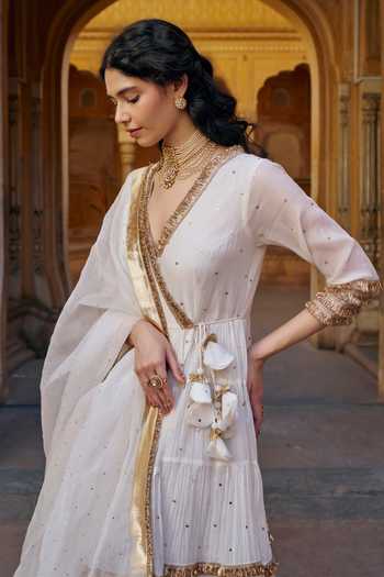 Preevin_Ivory Chanderi Silk, Organza V-neck Mukaish Work Angarkha With Dupatta _Online_at_Aza_Fashions