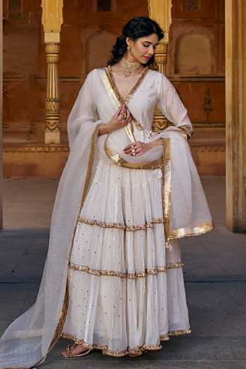 Buy_Preevin_Ivory Chanderi Silk, Organza V-neck Mukaish Work Angarkha With Dupatta _Online_at_Aza_Fashions