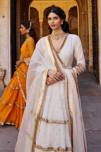 Shop_Preevin_Ivory Chanderi Silk, Organza V-neck Mukaish Work Angarkha With Dupatta _Online_at_Aza_Fashions