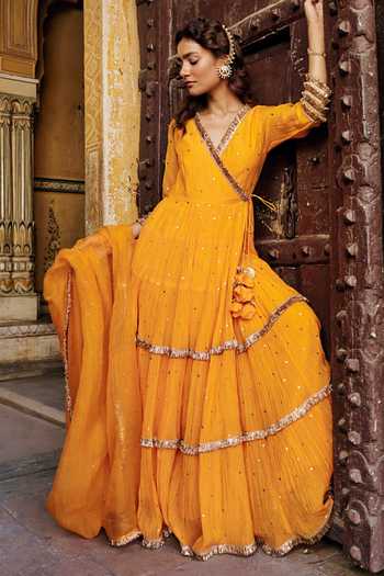 Buy_Preevin_Orange Organza, Chanderi Silk V-neck Saffron Tiered Angrakha With Dupatta _Online_at_Aza_Fashions