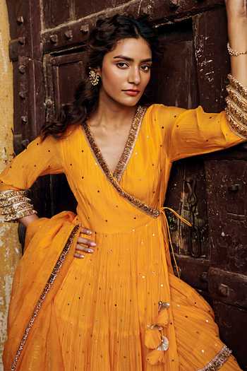 Shop_Preevin_Orange Organza, Chanderi Silk V-neck Saffron Tiered Angrakha With Dupatta _Online_at_Aza_Fashions