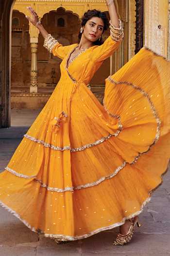 Preevin_Orange Organza, Chanderi Silk V-neck Saffron Tiered Angrakha With Dupatta _at_Aza_Fashions
