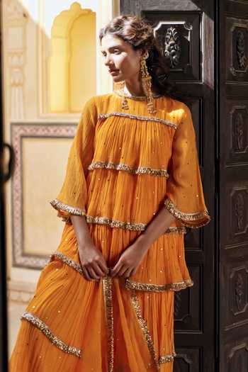 Buy_Preevin_Orange Organza, Chanderi Silk Round Neck Mukaish Work Peplum Kurta Set _Online_at_Aza_Fashions