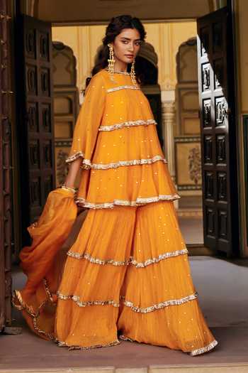 Shop_Preevin_Orange Organza, Chanderi Silk Round Neck Mukaish Work Peplum Kurta Set _Online_at_Aza_Fashions