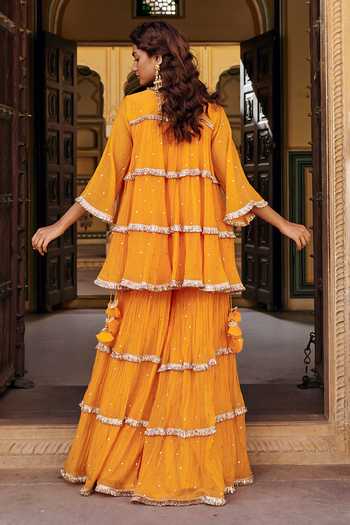 Shop_Preevin_Orange Organza, Chanderi Silk Round Neck Mukaish Work Peplum Kurta Set _at_Aza_Fashions