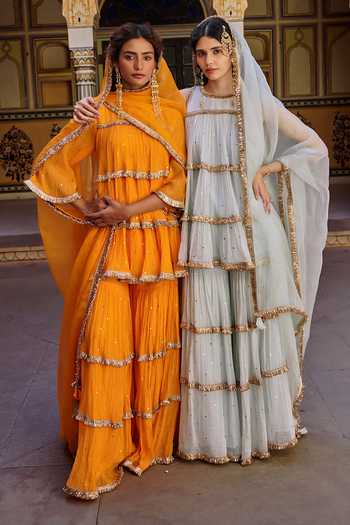 Buy_Preevin_Orange Organza, Chanderi Silk Round Neck Mukaish Work Peplum Kurta Set 