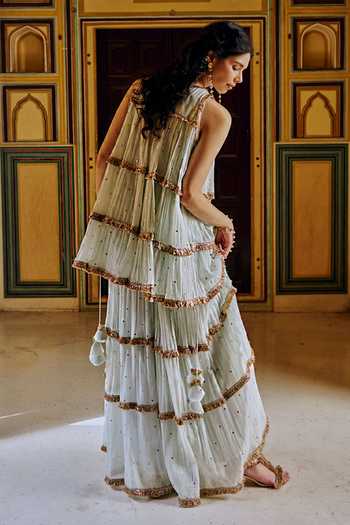 Shop_Preevin_Blue Organza, Chanderi Silk Round Neck Embroidered Peplum Kurta Sharara Set _at_Aza_Fashions