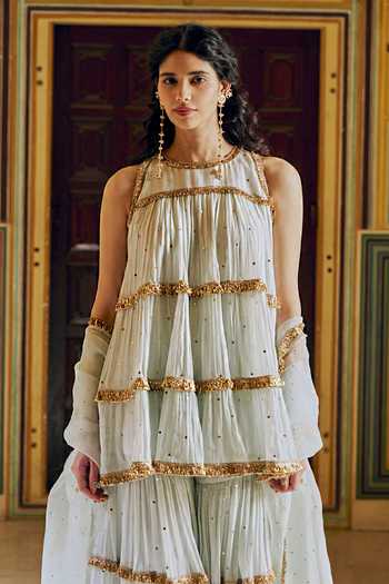 Preevin_Blue Organza, Chanderi Silk Round Neck Embroidered Peplum Kurta Sharara Set _Online_at_Aza_Fashions