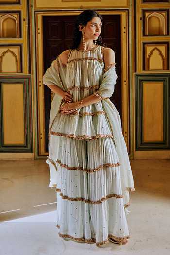 Buy_Preevin_Blue Organza, Chanderi Silk Round Neck Embroidered Peplum Kurta Sharara Set _Online_at_Aza_Fashions