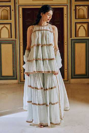 Shop_Preevin_Blue Organza, Chanderi Silk Round Neck Embroidered Peplum Kurta Sharara Set _Online_at_Aza_Fashions