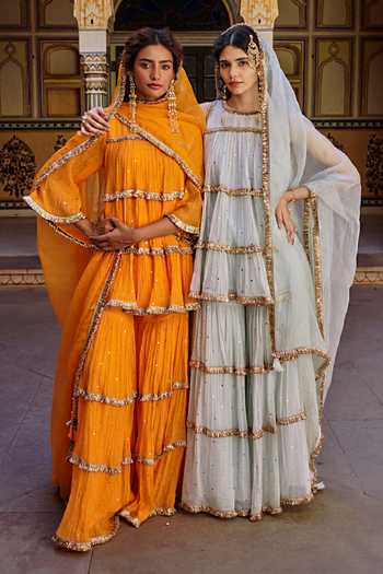 Preevin_Blue Organza, Chanderi Silk Round Neck Embroidered Peplum Kurta Sharara Set _at_Aza_Fashions