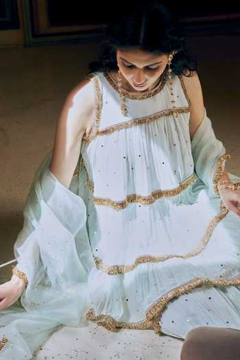Buy_Preevin_Blue Organza, Chanderi Silk Round Neck Embroidered Peplum Kurta Sharara Set 