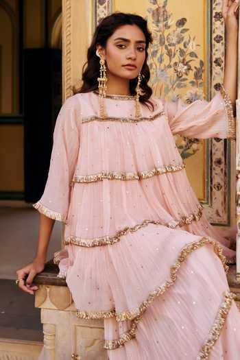 Preevin_Pink Organza, Chanderi Silk Boat Neck Tiered Peplum Kurta Sharara Set _Online_at_Aza_Fashions