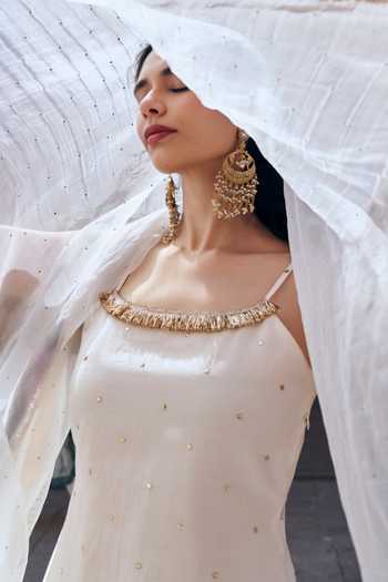 Preevin_Ivory Chanderi Silk, Organza Square Neck, Yes Embroidered Kurta Sharara Set _Online_at_Aza_Fashions