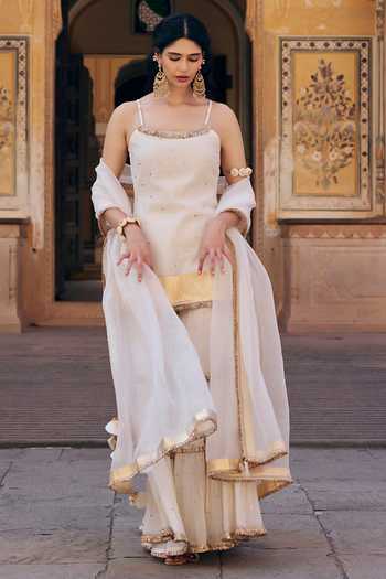 Buy_Preevin_Ivory Chanderi Silk, Organza Square Neck, Yes Embroidered Kurta Sharara Set _Online_at_Aza_Fashions