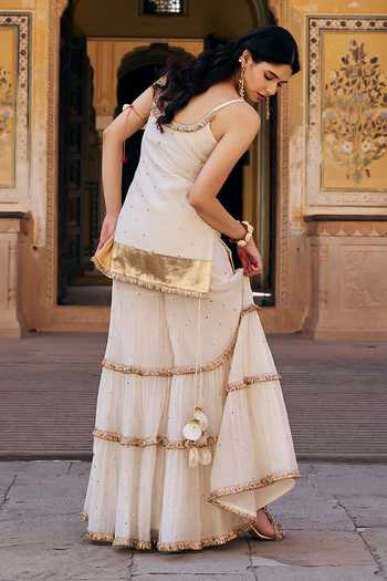 Shop_Preevin_Ivory Chanderi Silk, Organza Square Neck, Yes Embroidered Kurta Sharara Set _at_Aza_Fashions