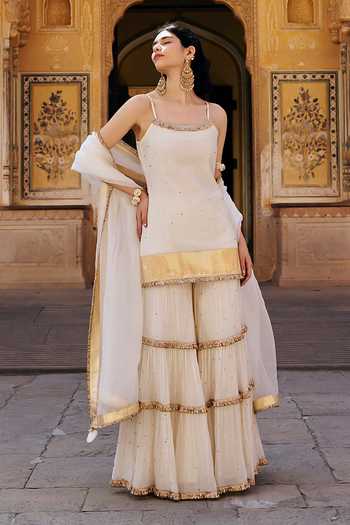 Shop_Preevin_Ivory Chanderi Silk, Organza Square Neck, Yes Embroidered Kurta Sharara Set _Online_at_Aza_Fashions