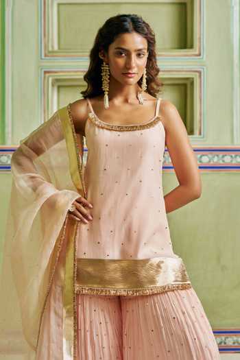 Preevin_Pink Organza, Chanderi Silk Square Neck, Embroidered Straight Kurta Sharara Set _Online_at_Aza_Fashions