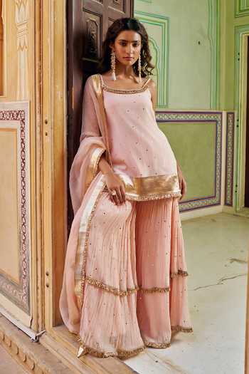 Shop_Preevin_Pink Organza, Chanderi Silk Square Neck, Embroidered Straight Kurta Sharara Set _Online_at_Aza_Fashions