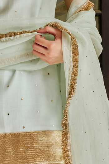 Preevin_Green Organza, Chanderi Silk Embroidered Spaghetti Straight Kurta Sharara Set _Online_at_Aza_Fashions