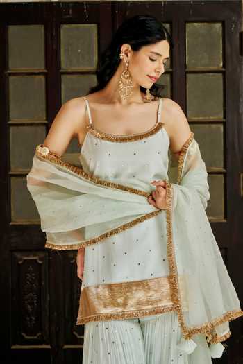 Buy_Preevin_Green Organza, Chanderi Silk Embroidered Spaghetti Straight Kurta Sharara Set _Online_at_Aza_Fashions