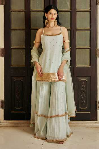 Shop_Preevin_Green Organza, Chanderi Silk Embroidered Spaghetti Straight Kurta Sharara Set _Online_at_Aza_Fashions