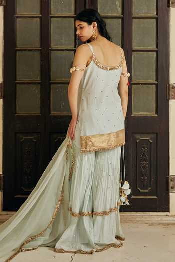 Shop_Preevin_Green Organza, Chanderi Silk Embroidered Spaghetti Straight Kurta Sharara Set _at_Aza_Fashions