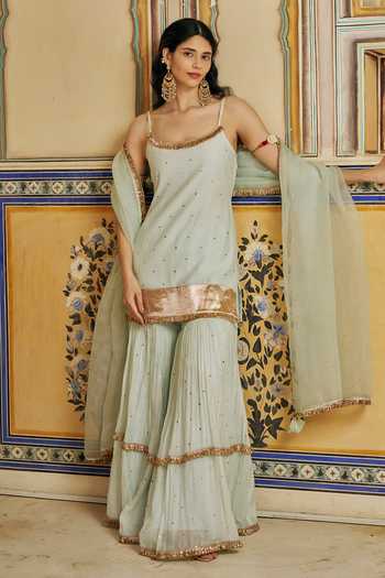 Buy_Preevin_Green Organza, Chanderi Silk Embroidered Spaghetti Straight Kurta Sharara Set _at_Aza_Fashions