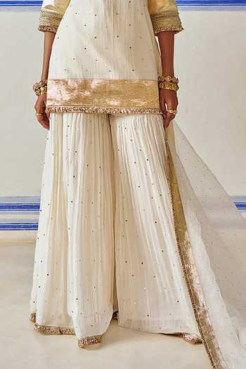Preevin_Ivory Organza, Chanderi Silk Scoop Neck Embroidered Kurta Sharara Set _Online_at_Aza_Fashions