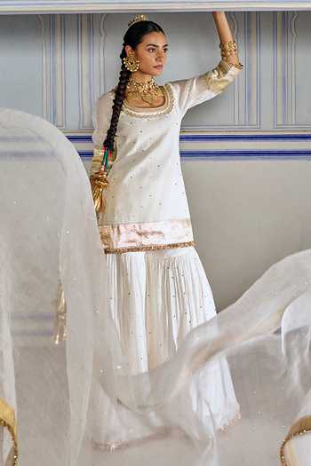 Buy_Preevin_Ivory Organza, Chanderi Silk Scoop Neck Embroidered Kurta Sharara Set _Online_at_Aza_Fashions