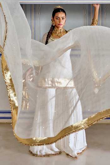 Shop_Preevin_Ivory Organza, Chanderi Silk Scoop Neck Embroidered Kurta Sharara Set _Online_at_Aza_Fashions