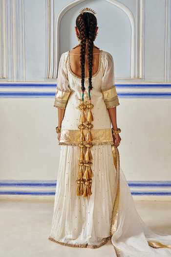 Shop_Preevin_Ivory Organza, Chanderi Silk Scoop Neck Embroidered Kurta Sharara Set _at_Aza_Fashions