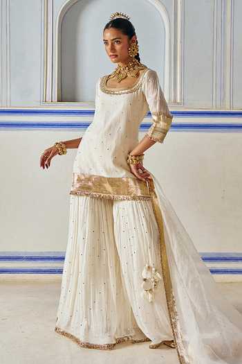 Preevin_Ivory Organza, Chanderi Silk Scoop Neck Embroidered Kurta Sharara Set _at_Aza_Fashions