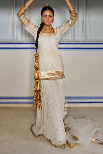 Buy_Preevin_Ivory Organza, Chanderi Silk Scoop Neck Embroidered Kurta Sharara Set 