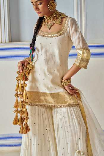 Preevin_Ivory Organza, Chanderi Silk Scoop Neck Embroidered Kurta Sharara Set _Online