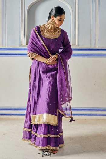 Preevin_Purple Organza, Chanderi Silk Scoop Neck Embroidered Kurta Sharara Set _Online_at_Aza_Fashions
