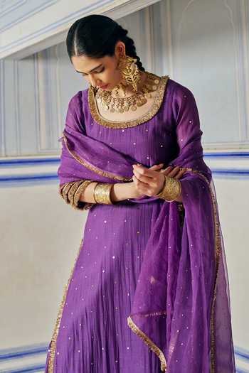 Buy_Preevin_Purple Organza, Chanderi Silk Scoop Neck Embroidered Kurta Sharara Set _Online_at_Aza_Fashions