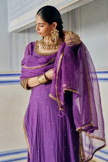 Shop_Preevin_Purple Organza, Chanderi Silk Scoop Neck Embroidered Kurta Sharara Set _Online_at_Aza_Fashions