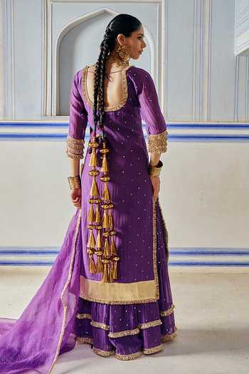Shop_Preevin_Purple Organza, Chanderi Silk Scoop Neck Embroidered Kurta Sharara Set _at_Aza_Fashions