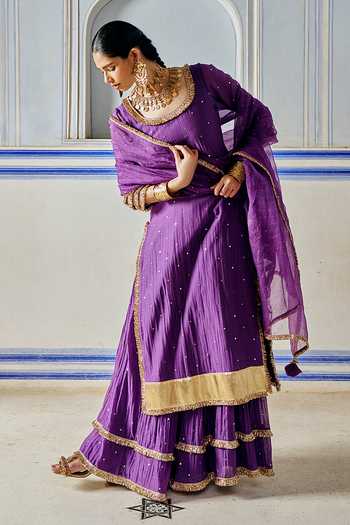 Preevin_Purple Organza, Chanderi Silk Scoop Neck Embroidered Kurta Sharara Set _at_Aza_Fashions