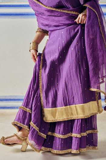 Buy_Preevin_Purple Organza, Chanderi Silk Scoop Neck Embroidered Kurta Sharara Set 