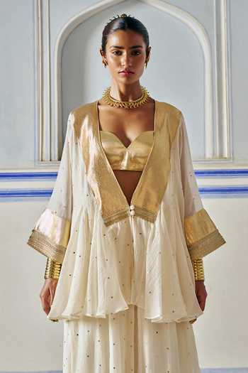 Preevin_Ivory Organza, Chanderi Silk Open Neck, Double Layered Jacket Sharara Set _Online_at_Aza_Fashions