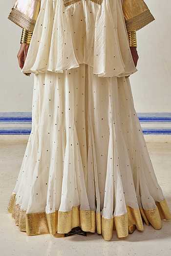 Buy_Preevin_Ivory Organza, Chanderi Silk Open Neck, Double Layered Jacket Sharara Set _Online_at_Aza_Fashions