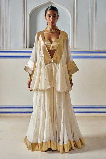 Shop_Preevin_Ivory Organza, Chanderi Silk Open Neck, Double Layered Jacket Sharara Set _Online_at_Aza_Fashions