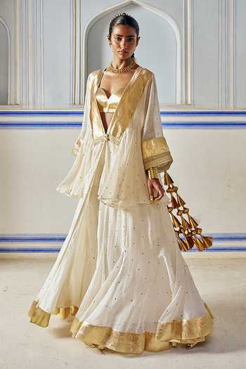 Preevin_Ivory Organza, Chanderi Silk Open Neck, Double Layered Jacket Sharara Set _at_Aza_Fashions