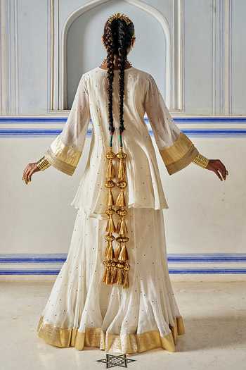 Shop_Preevin_Ivory Organza, Chanderi Silk Open Neck, Double Layered Jacket Sharara Set _at_Aza_Fashions