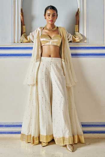 Buy_Preevin_Ivory Organza, Chanderi Silk Open Neck, Double Layered Jacket Sharara Set 