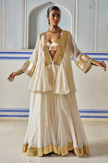 Shop_Preevin_Ivory Organza, Chanderi Silk Open Neck, Double Layered Jacket Sharara Set 