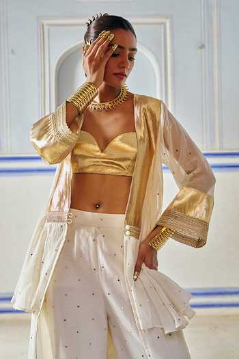 Preevin_Ivory Organza, Chanderi Silk Open Neck, Double Layered Jacket Sharara Set _Online
