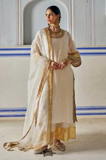 Preevin_Ivory Organza, Chanderi Silk Round Neck, Yes Mukaish Work Kurta Palazzo Set _Online_at_Aza_Fashions